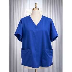 ClimateRight by Cuddl Duds Scrub Top Womens L/XL Blue V-Neck Pockets
